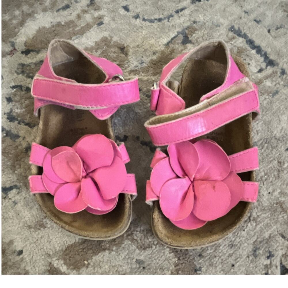 Giulia Palai Pink Strappy Girls Sandals Flower Accents Buckle Open Toe Flat